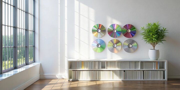Modern minimalist interior design featuring a bookshelf filled with books and a wall display of colorful discs, illuminated by natural sunlight streaming through a large window.