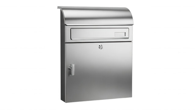 A brushed stainless steel wall-mounted mailbox with a mail slot, a secure locking mechanism, and a side latch, isolated on black