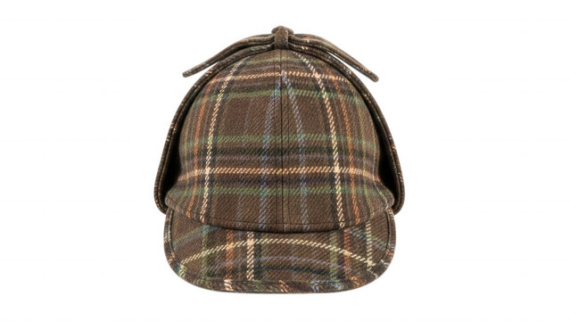 A brown wool deerstalker hat with a classic plaid tartan pattern, featuring double visors and side ear flaps isolated on a black background