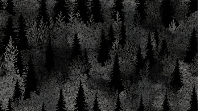 Stylized pine tree forest creating a monochrome seamless pattern for dark backgrounds. Dark forest damask pattern with pine trees