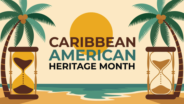 Caribbean American heritage month illustration with palm trees beach and hourglass summer cultural celebration design banner poster