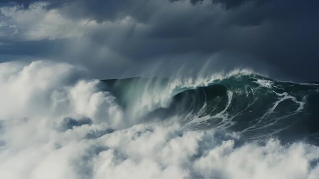 Powerful Ocean Wave Crashing Under Dark Stormy Clouds.