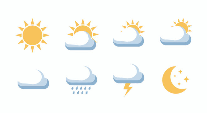 Weather icon illustration set depicting various atmospheric conditions and celestial elements