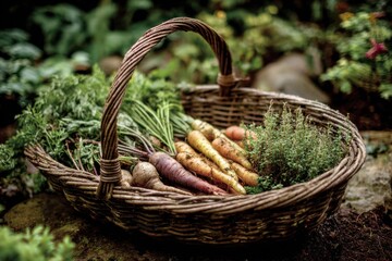 Obraz premium Freshly harvested vegetables arranged in rustic basket placed on grass highlighting natural farm produce presentation