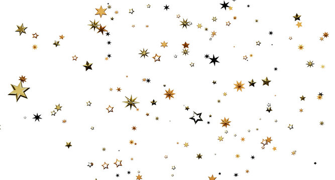 Elegant gold and black star confetti falling against a white backdrop. Perfect for holiday themes, celebrations, and fes