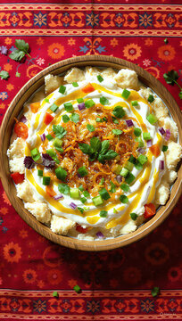 National Tajik Qurutob - Traditional Bread and Yogurt Dish with Fresh Vegetables and Caramelized Onions Flat Lay