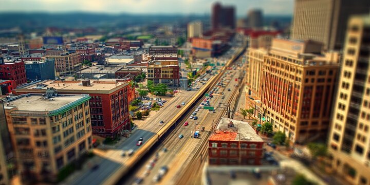 Tilt-Shift Aerial View of a Bustling Cityscape.