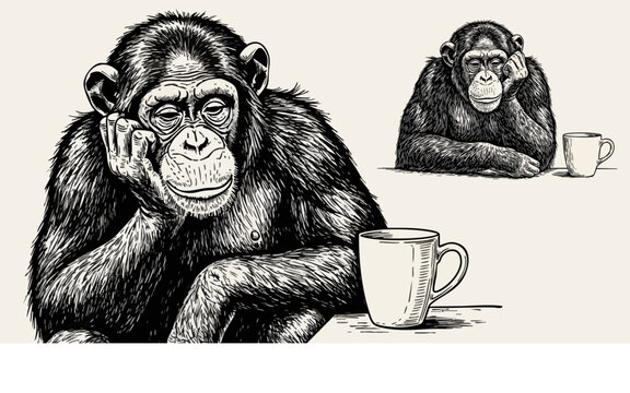 Vintage chimpanzee engraving with coffee mug, hand drawn bored monkey illustration, retro primate sketch for cafe branding and morning humor