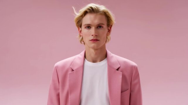 Portrait of a young blonde man in a stylish pink oversized blazer and white t-shirt posing against a matching pink background.