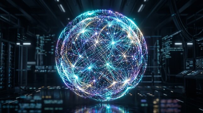 Glowing neon sphere illuminates dark industrial room with technology and data servers