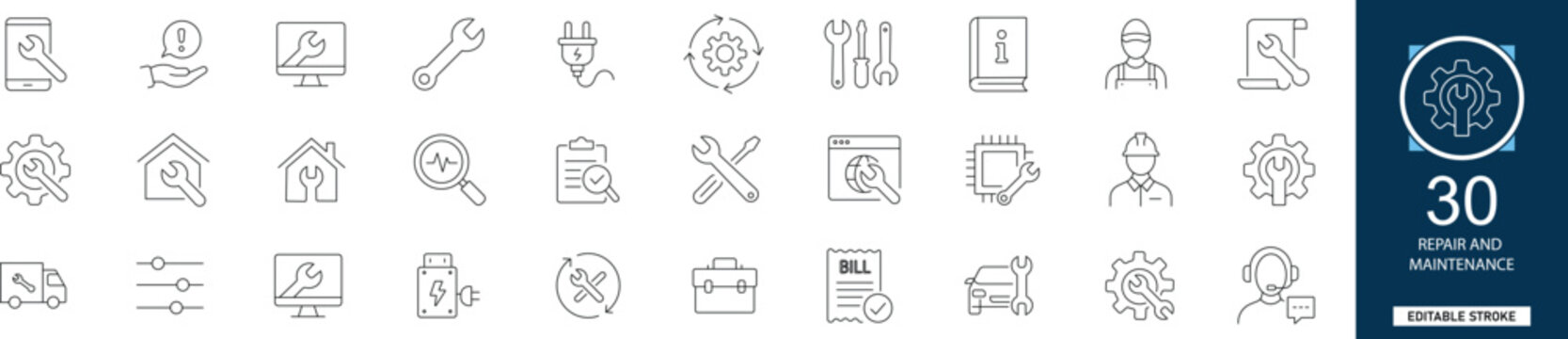 Repair and maintenance line icon set with 30 icons wrench, screwdriver, hammer, tool, service, plumbing, electrical, fixing. Clean linear vector, editable stroke for service projects.