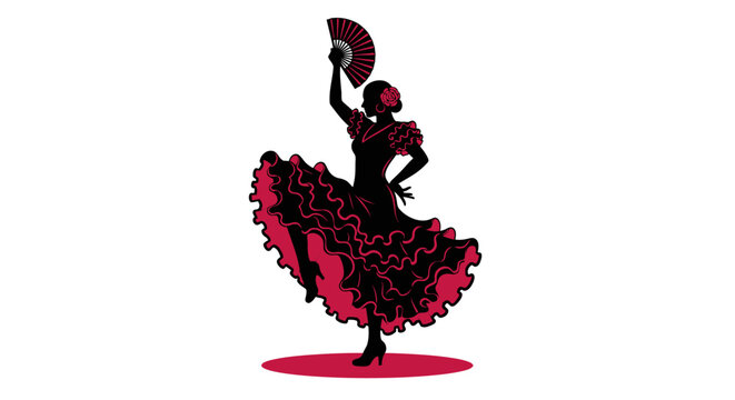 A vibrant silhouette illustration captures the dynamic essence of a Spanish flamenco dancer gracefully performing with a traditional fan.