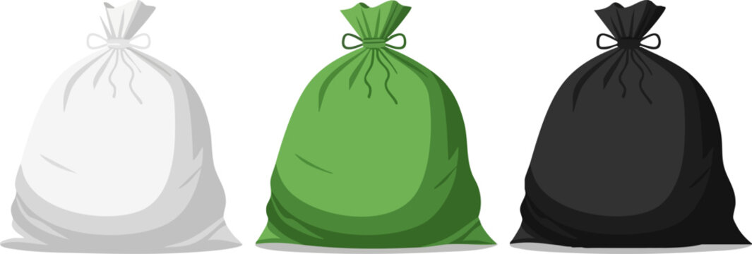 Plastic trash bag vector set, white green and black garbage bags with ties, waste management sacks for disposal and recycling, 3 realistic bag icons