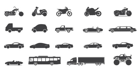 Vehicle Silhouette Collection, Limousine, Monster Truck, Motorcycles, and Supercars Vector Graphics for Transportation Branding and Modern Car Design © Meyto Elements