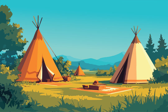Indian tents in a clearing in the forest, mountains in the background, clear sunny day, nature, America, traditional, beautiful, carpet, vector illustration