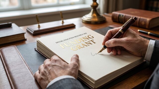 Hands Signing Funding Grant Document with Premium Fountain Pen on Desk