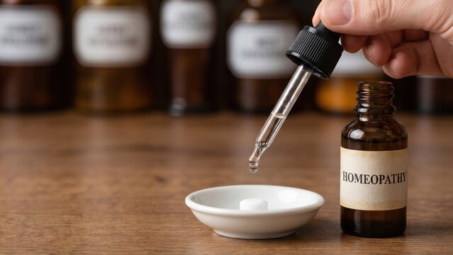 Hand Using Dropper to Administer Homeopathic Remedy on Sugar Pill for Alternative Medicine