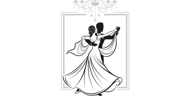 An elegant silhouette illustration depicts a graceful couple ballroom dancing under a chandelier, perfect for invitations and romantic event designs.