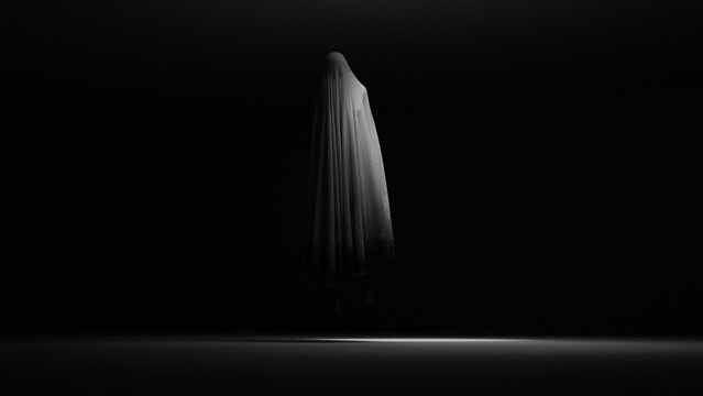 Ghost White Floating Phantom Spirit Apparition in Dark Void with Dramatic Spotlight Eerie Minimalist Atmosphere 3D Illustration
