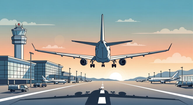 Commercial Airplane Landing on Airport Runway at Sunset.