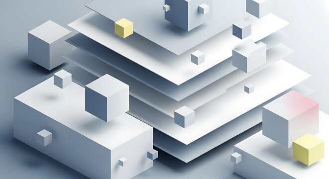 Abstract geometric composition of stacked white planes and scattered 3D cubes, symbolizing data organization, technological frameworks, and structural complexity in a modern, minimalist design