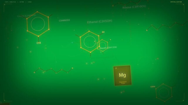 Glowing pulsing cluster initiating arms extending to Mg tile, anchoring link on transparent HUD