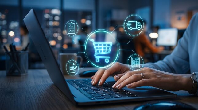 Hands shopping online with e-commerce icons hologram