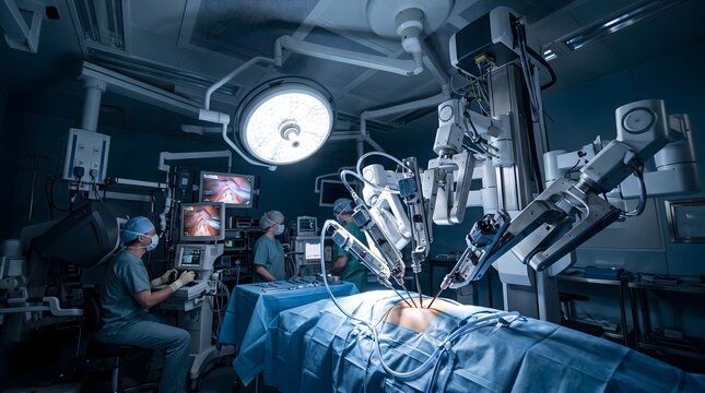 Robotic surgery in operating room with medical team