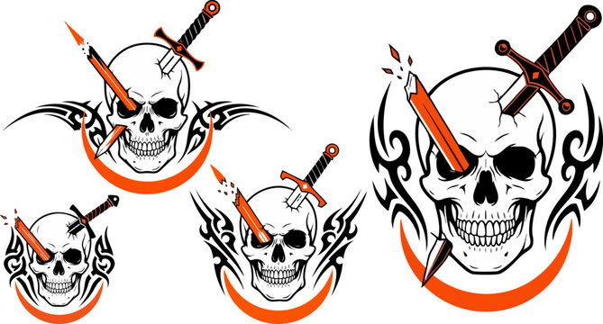 Gothic skull vector set with sword and pencil, tribal tattoo skull illustrations, dark fantasy human cranium art, 4 design elements for apparel