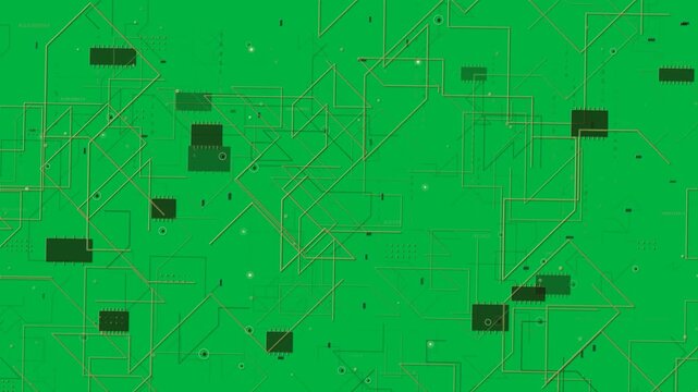 Node pulsing starting gold circuitry, extending traces, forming HUD on transparent background