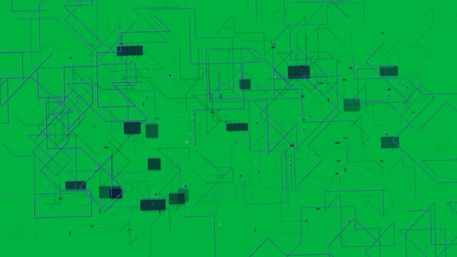 Neon line starting circuit web growing nodes pulsing ICs on transparent canvas showing growth