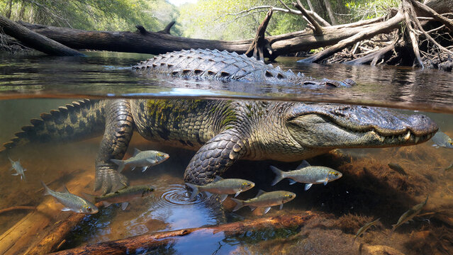 Crocodile resting in river with fish in tropical forest (Crocodilo descansando em um rio com peixes em uma floresta tropical.)