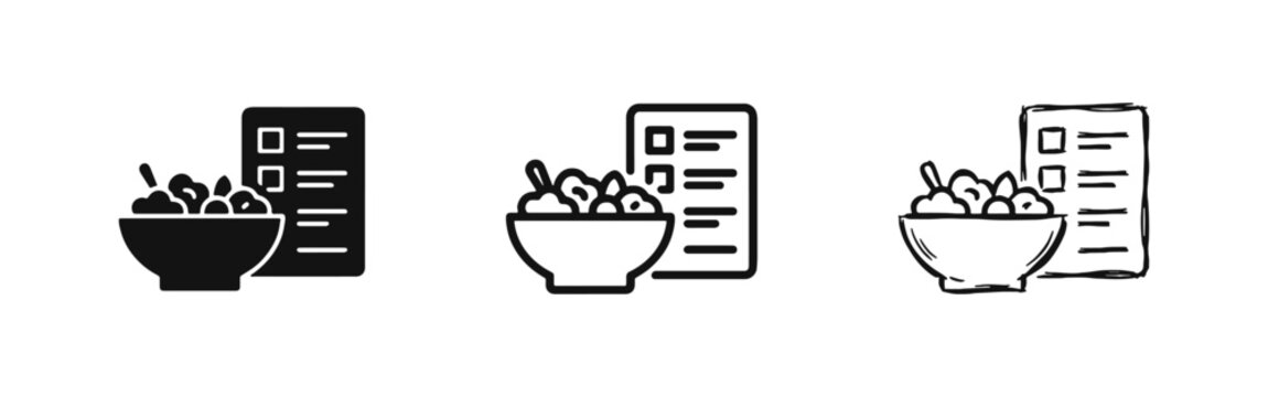 Healthy Breakfast Cereal Bowl and Menu Checklist Icon Set in Three Styles