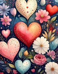 Fototapeta premium Whimsical floral pattern with hearts and various colorful blooms