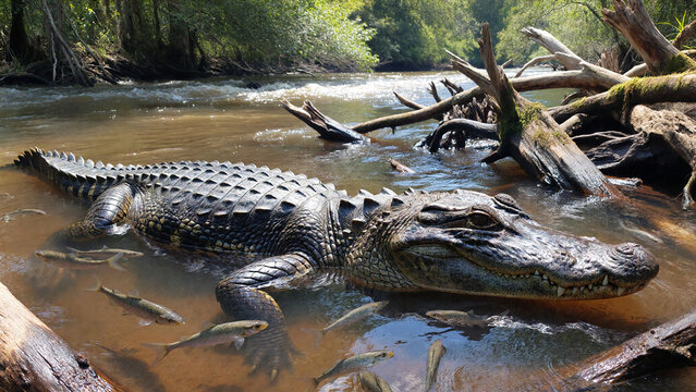 Crocodile resting in river with fish in tropical forest (Crocodilo descansando em um rio com peixes em uma floresta tropical.)