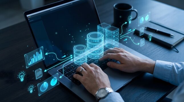 Hands working on laptop with database and analytics holograms