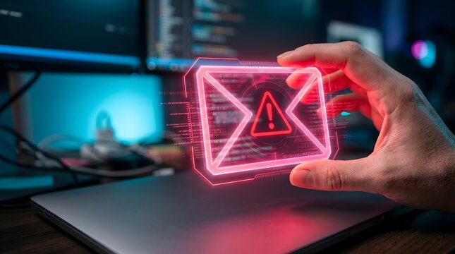 Hand holding red warning alert hologram over laptop