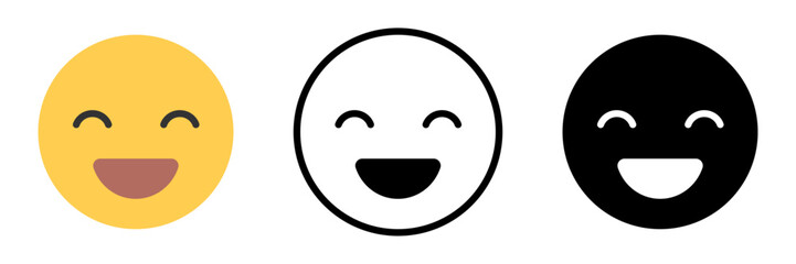 顔アイコンセット 優しい笑顔のフェイスシンボル カラー・アウトライン・シルエットのUI用ベクター素材 / Smiling face icon set gentle happy emoji in color outline and silhouette UI vector
