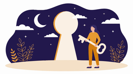 Woman with a giant key stands before a keyhole, symbolizing new opportunities © AS_StockNation