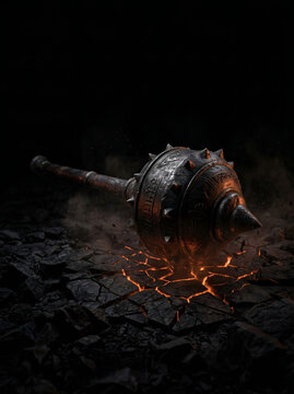 Spiked Gada Resting on Molten Ground &ndash; Dark Fantasy Weapon Concept