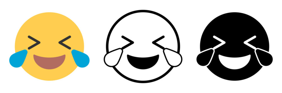 顔アイコンセット 涙を流して笑うフェイスシンボル カラー・アウトライン・シルエットのUI用ベクター素材 / Laughing with tears face icon set emoji in color outline and silhouette UI vector
