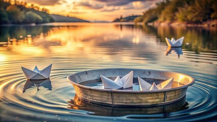 Fototapeta premium Golden Hour Serenity Paper Boats Drifting on Calm Water in a Rustic Bowl at Sunset