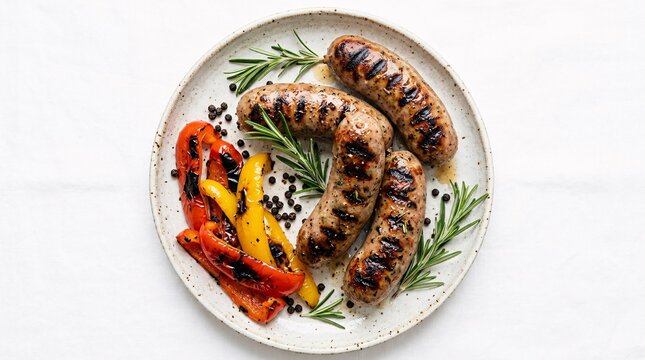 Plump juicy grilled sausages featuring perfect dark char marks carefully arranged on rustic ceramic plates alongside charred bell peppers.