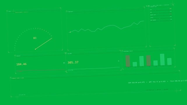 HUD receiving data spike, gauge jumping, line drawing, ticker filling, showing market, transparent