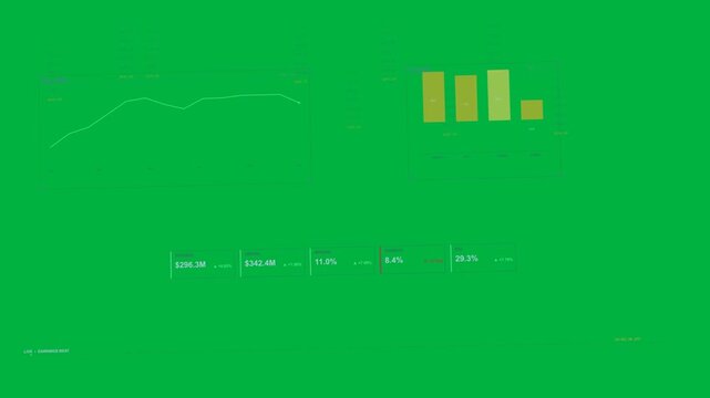 On load dashboard animating on transparent HUD, green line tracing, orange bars filling for metrics