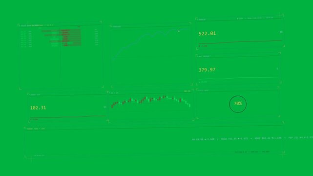 Multipanel transparent monitor receiving feed, updating line, reads and gauge, showing market trend