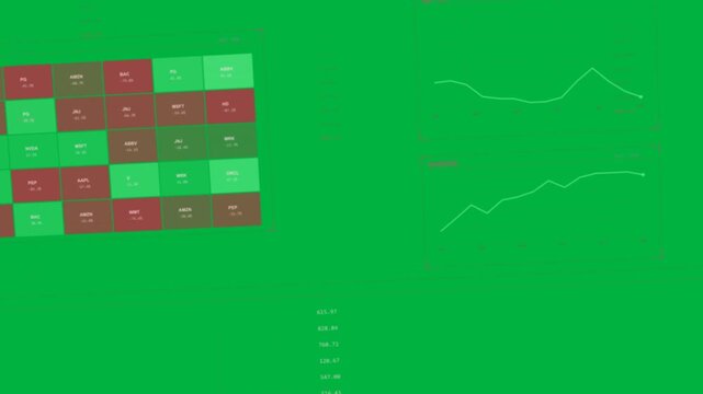 Playback starting, camera pulling back, market HUD revealing trends, color table, transparent bg