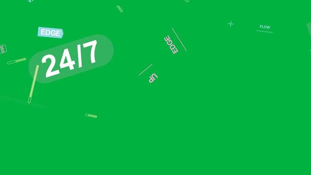 Neon sparks forming pink 24 or 7 pill, tags orbiting, aligning, showing service on transparent canva