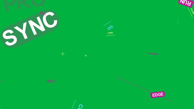 PRO SYNC expanding, sending neon tags sliding, rotating, forming title reveal on transparent canvas