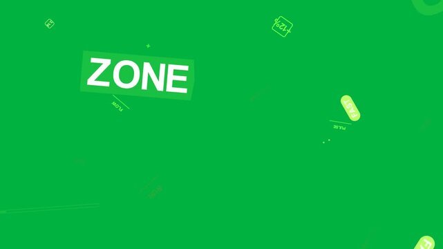 Neon specks sparking tokens, ZONE scaling pulsing rotating shrinking showing fade on transparent bg